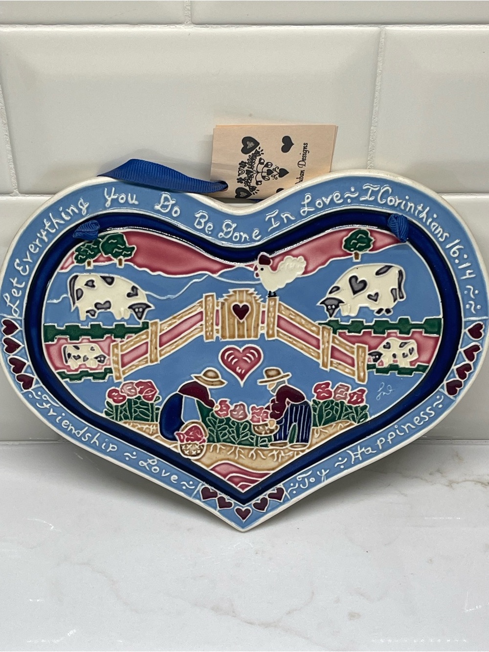 J. Duban Designs Handmade Ceramic Heart Hanging Plaque 9" Vintage Glazed Country